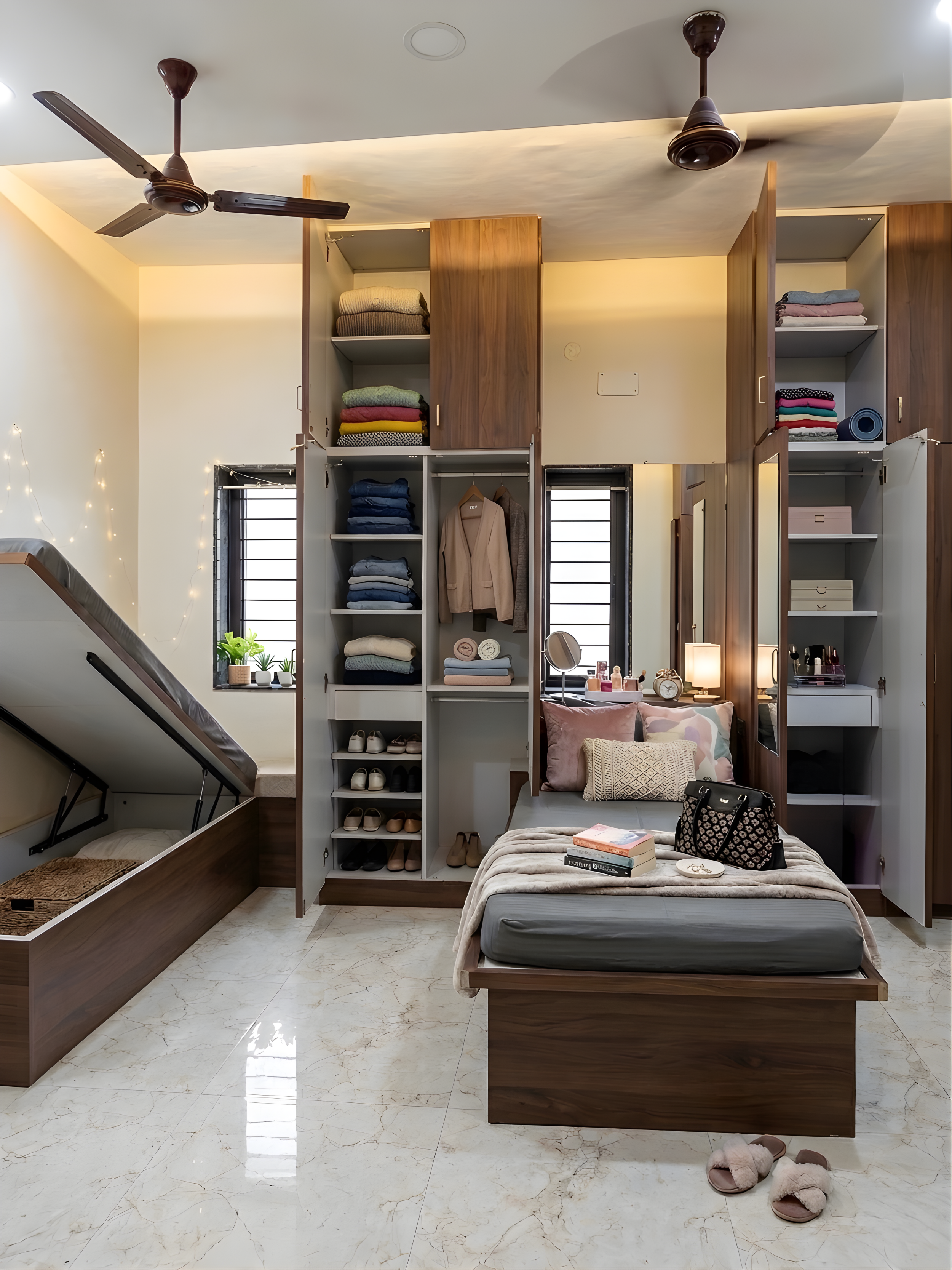 Girls PG hostel bedroom with individual wardrobes and storage beds
