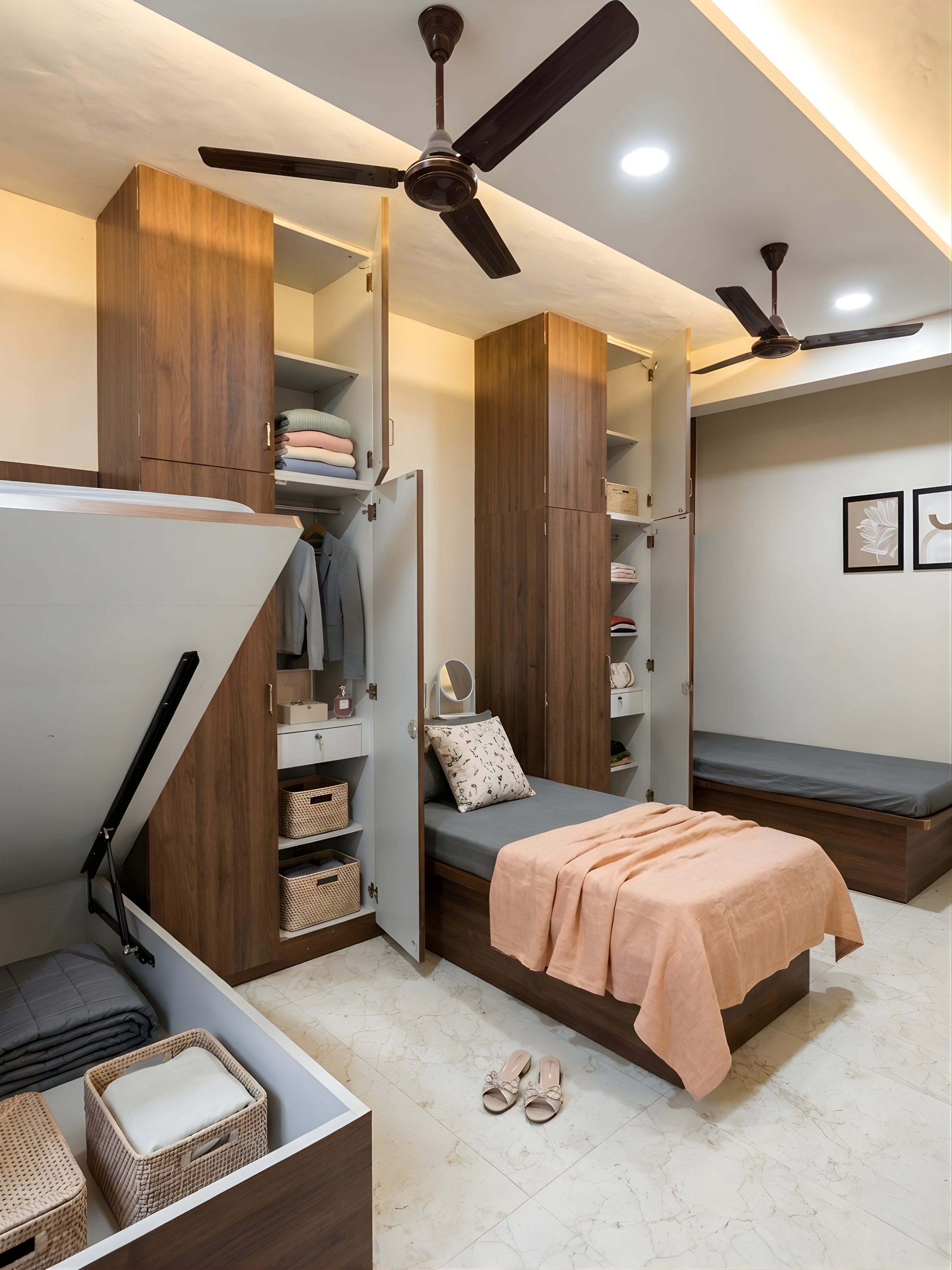 Organized triple sharing bedroom with storage beds D Gloaming Nest